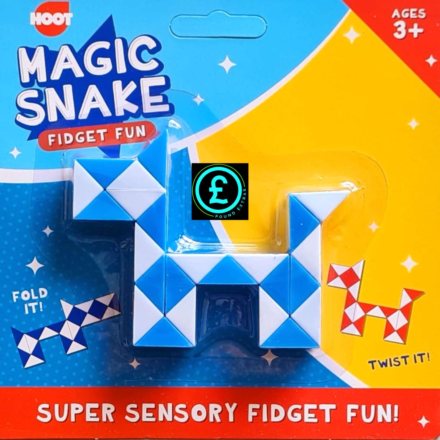 Magic Snake fidget toy packaging with blue and white design, featuring Hoot branding.