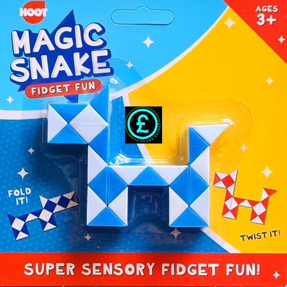 Magic Snake fidget toy packaging with blue and white design, featuring Hoot branding.