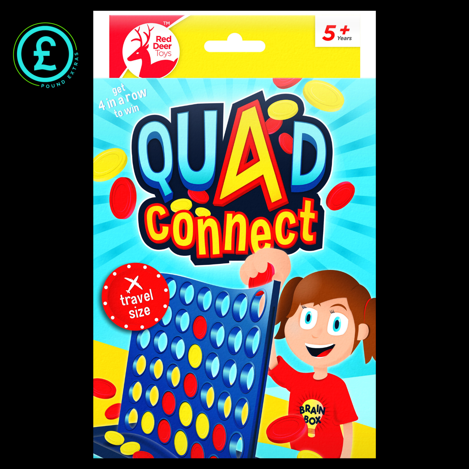 Packaging of Quad Connect game by Red Deer Games with a child holding the game.