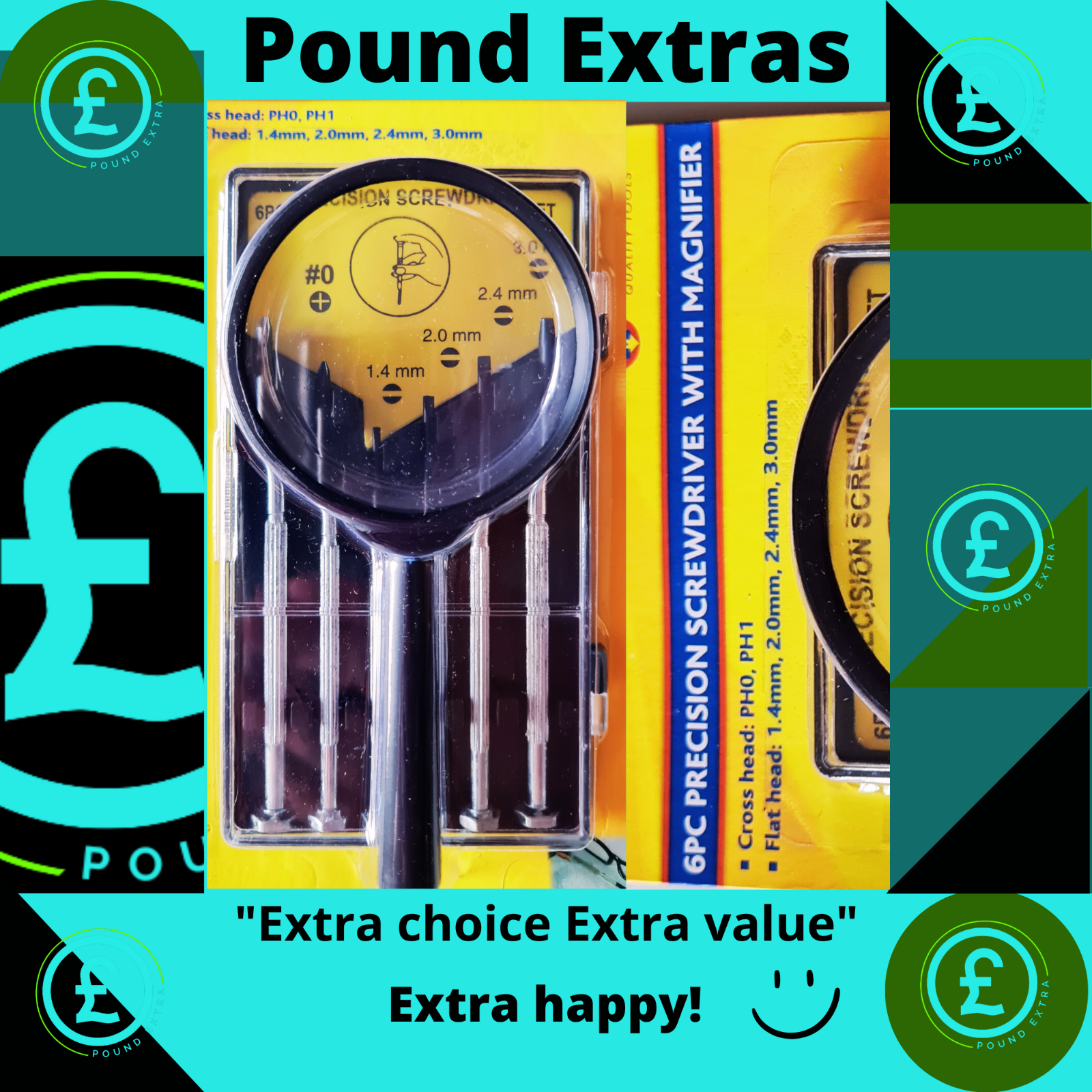Precision screwdriver with magnifier in Pound Extras packaging