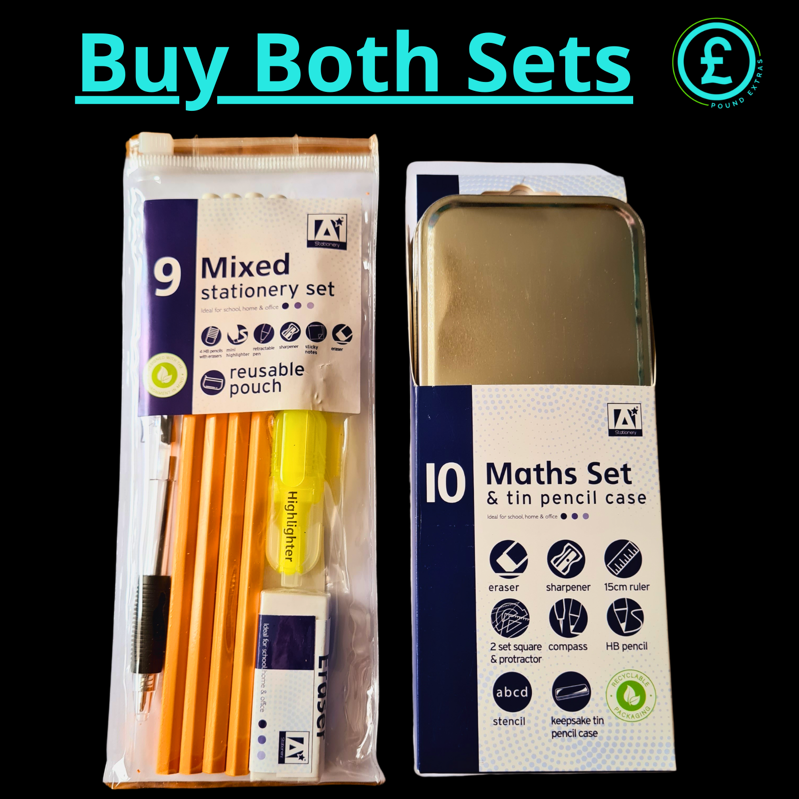 Pencil Case Tin: 10 piece Maths Set & 9 piece Kids School Stationery Kit - Pens0