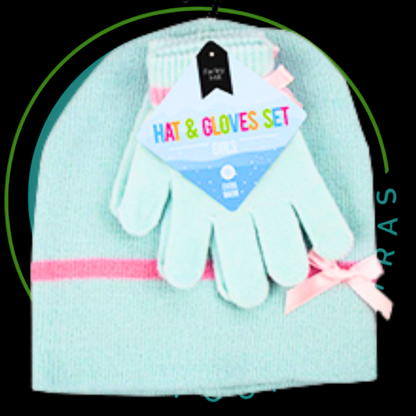 Mint green baby hat and gloves set with pink accents on a black background