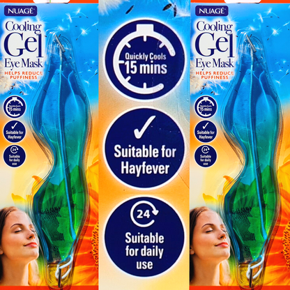 Two packages of NUáGE Cooling Gel Eye Masks with product details on a colorful background.