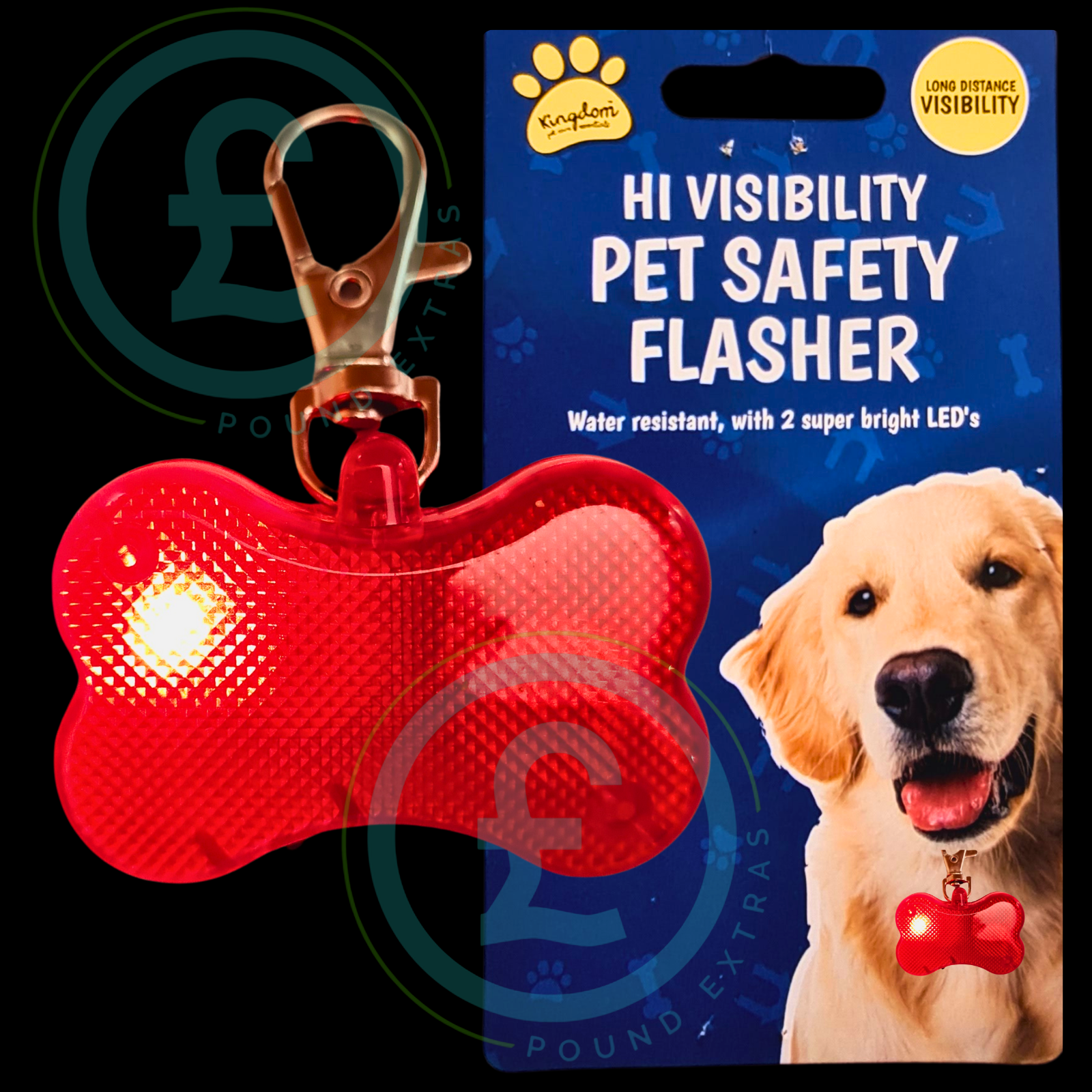 Red bone-shaped pet safety flasher with packaging featuring a dog and brand name.