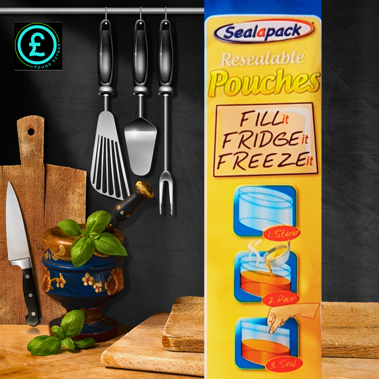 Sealapack resealable pouches packaging with kitchen utensils and ingredients on a wooden surface.
