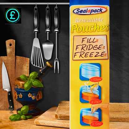Sealapack resealable pouches packaging with kitchen utensils and ingredients on a wooden surface.
