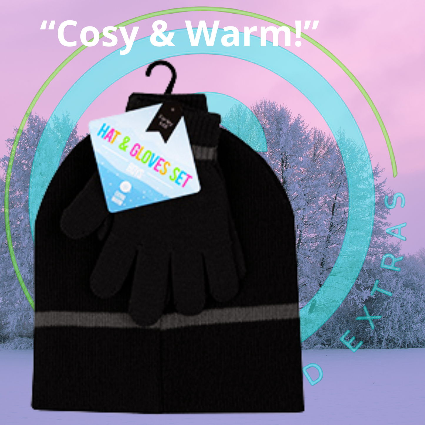 Black hat and gloves set on a hanger with 'Cosy & Warm!' text and winter scene background.