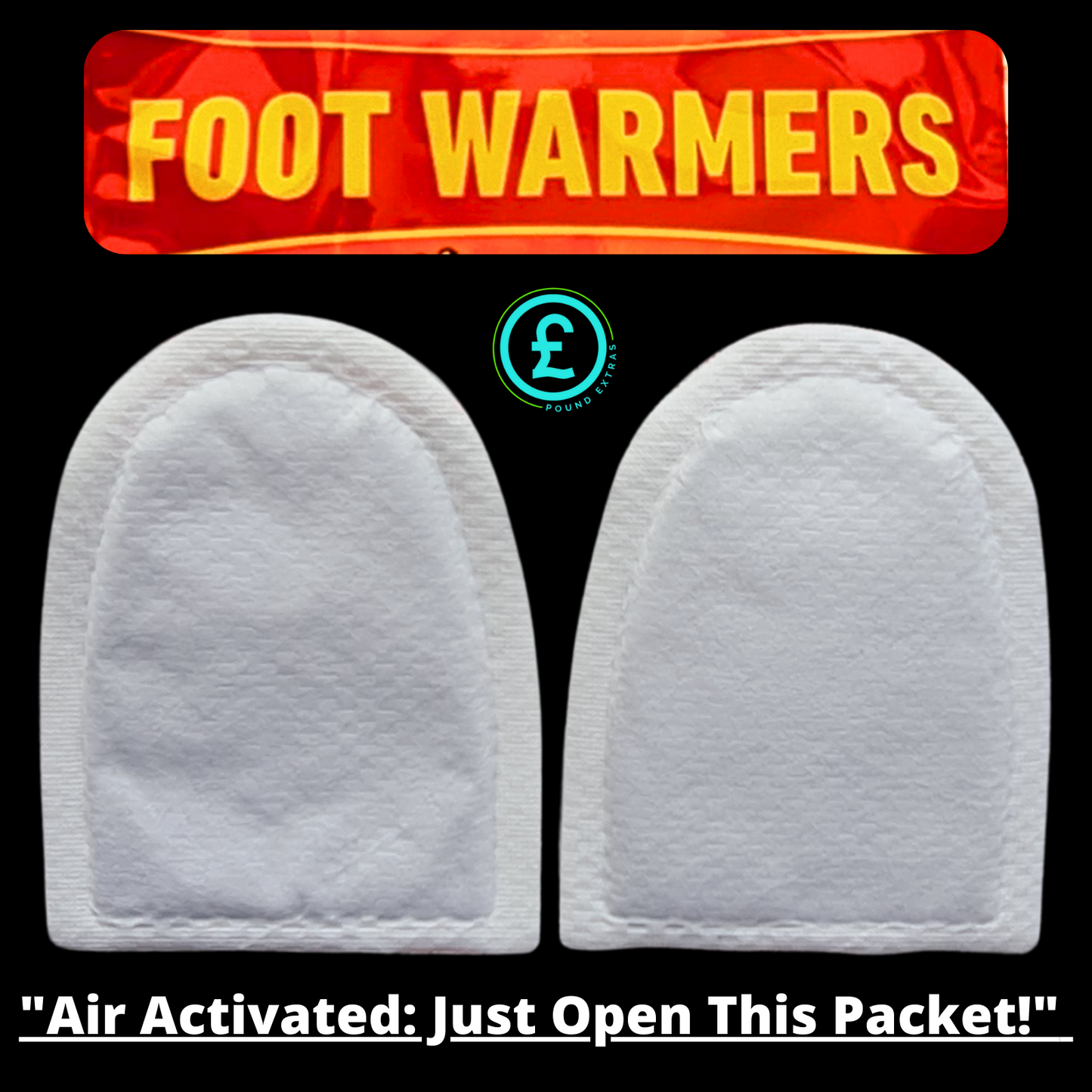 Two white foot warmer pads with a red banner above them displaying 'FOOT WARMERS' and a pound sign icon.