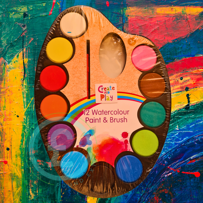 Wooden paint palette with watercolor paints and a brush on a colorful abstract background