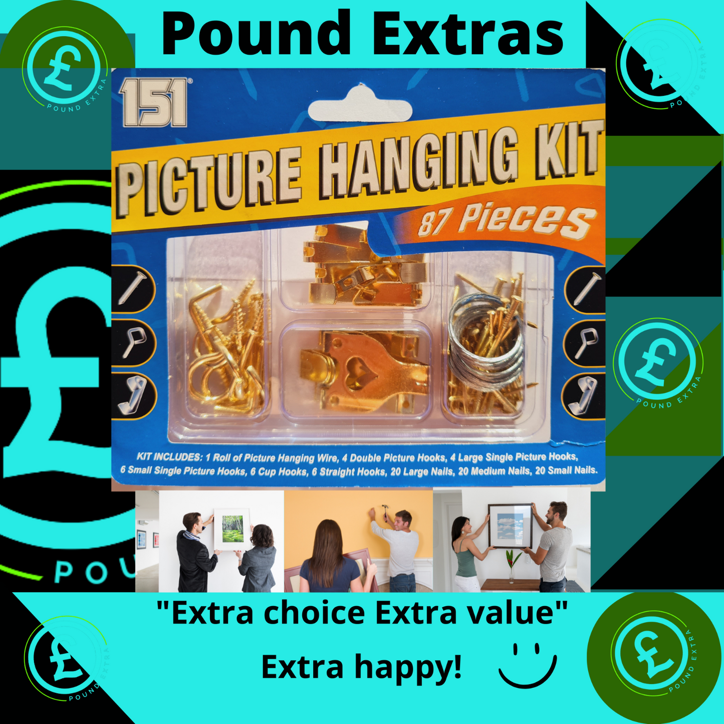 Picture hanging kit packaging with Pound Extras branding and promotional text.