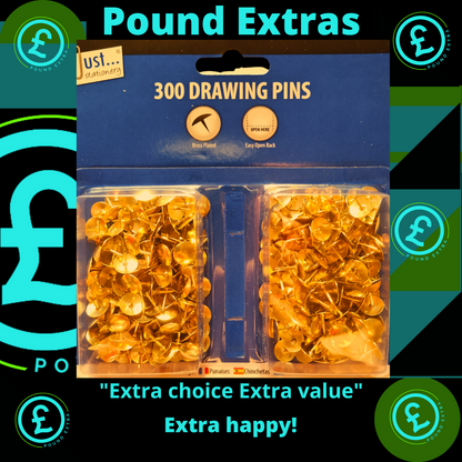 Pack of drawing pins with Pound Extras branding on a blue background