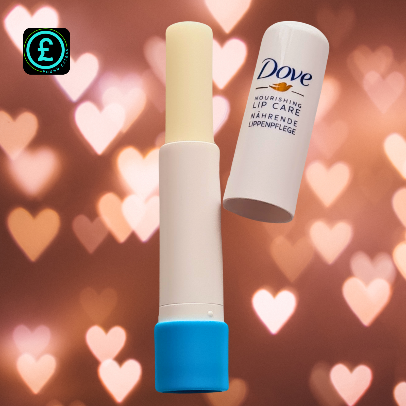 Dove lip balm with a heart-themed background