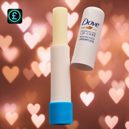 Dove lip balm with a heart-themed background