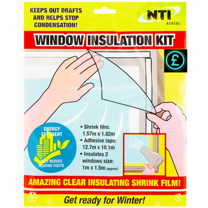 Window insulation kit packaging with hands demonstrating use on a window