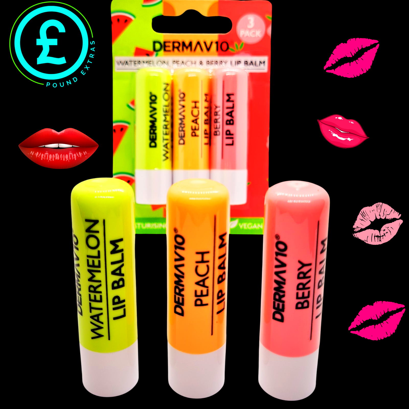 Three lip balms in green, orange, and pink with 'Dermavio' branding on a black background with lip graphics.