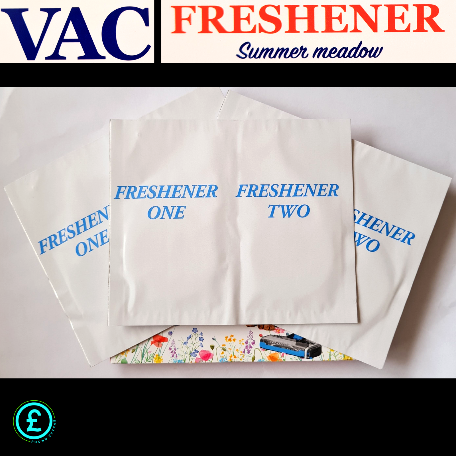 Three vacuum cleaner bags labeled 'Freshener One' and 'Freshener Two' on a white background with 'VAC Freshener Summer meadow' text.