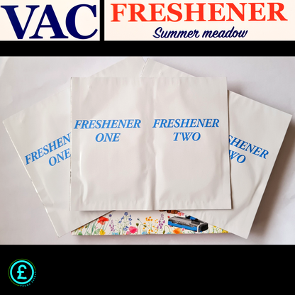 Three vacuum cleaner bags labeled 'Freshener One' and 'Freshener Two' on a white background with 'VAC Freshener Summer meadow' text.