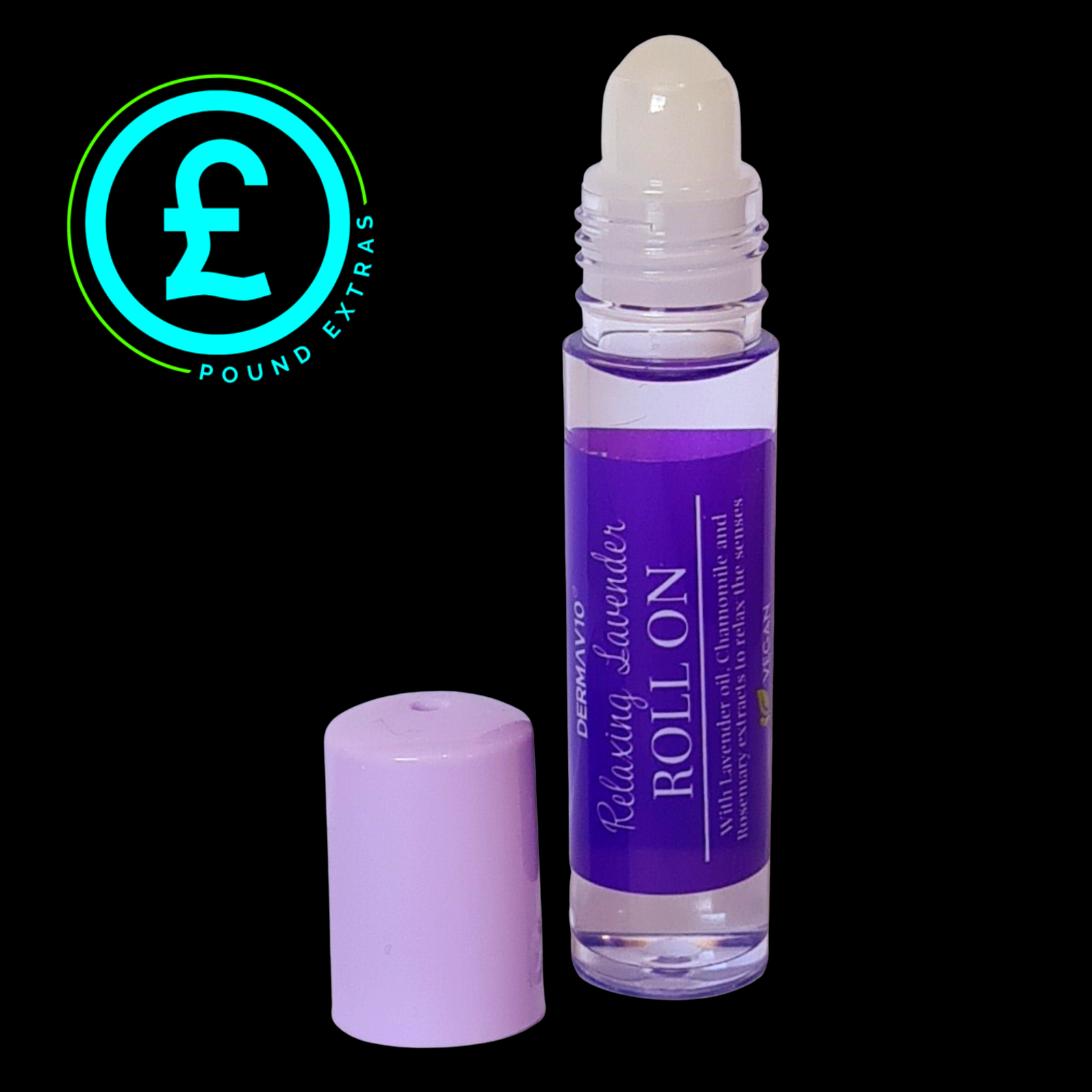 Purple roll-on bottle with lavender essential oil on a black background, featuring Pound Exports logo.