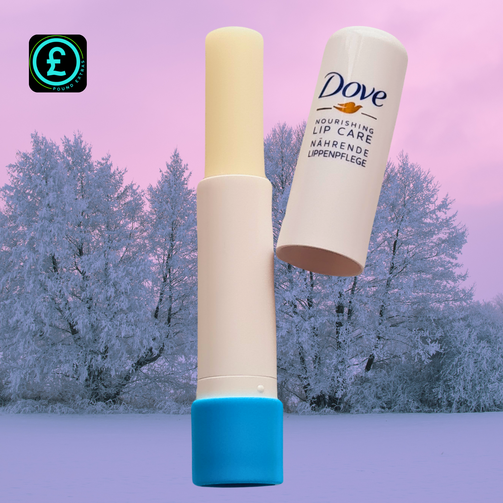 Dove lip balm with a snowy landscape background