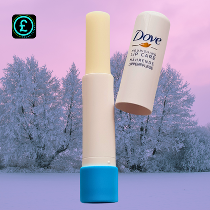 Dove lip balm with a snowy landscape background