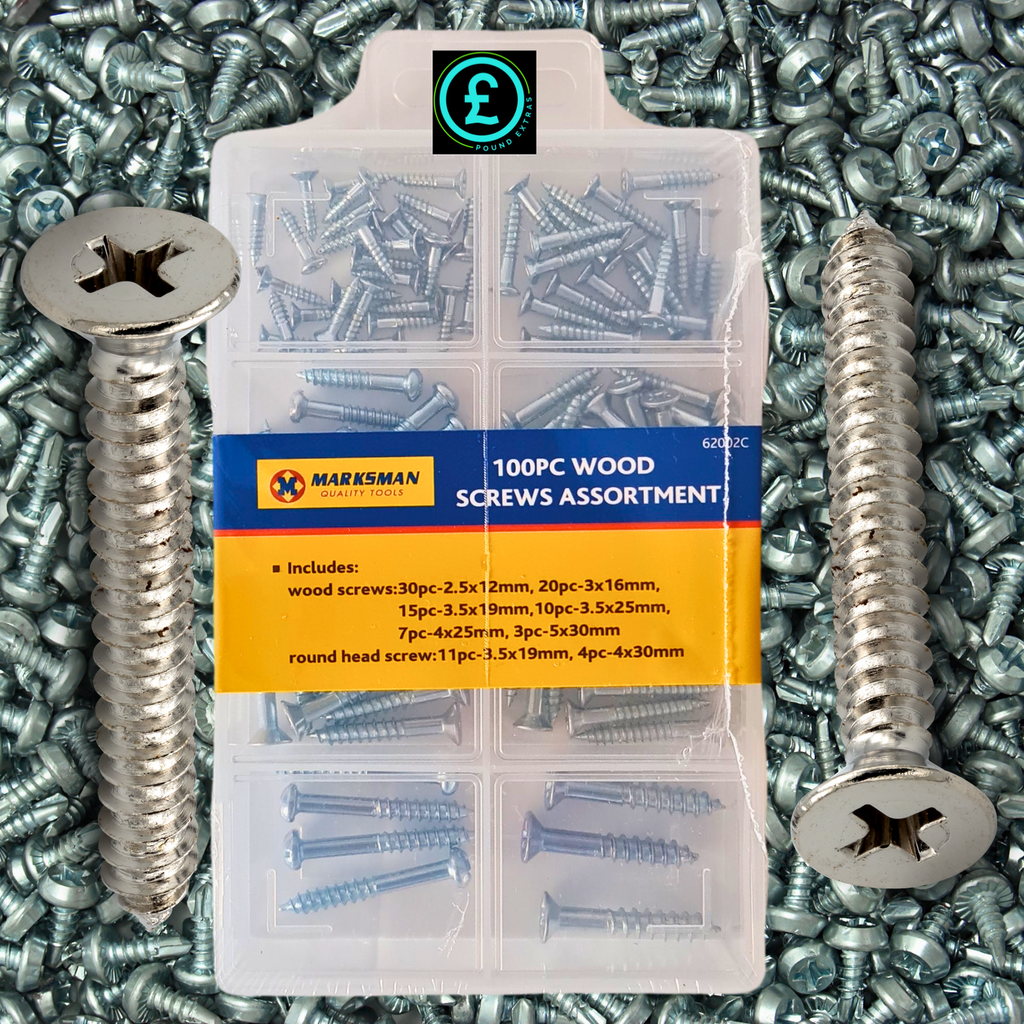 Pack of Marksmen screws with screws scattered around on a metal background