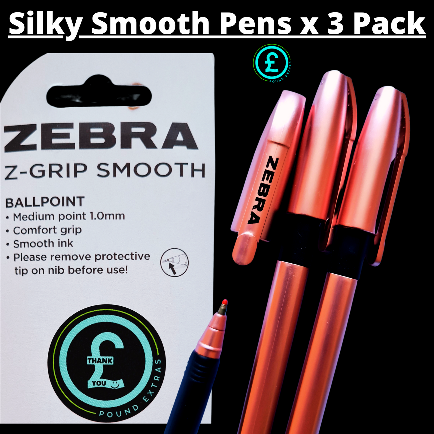Ballpoint Pens Zebra Smooth Black Ink Medium 1 mm Nib Pack Of 3 Gifts & presents3