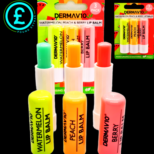 ❤️ POUND EXTRAS 😊 Lip Balm 3 Pack ❤️ vegan Watermelon, Peach & Berry flavours. Moisturising care from Derma V10 for soft, smooth, happy lips every day.