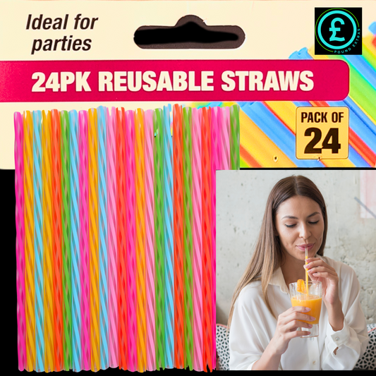 Pack of 24 reusable straws with colorful design and woman drinking from a glass.