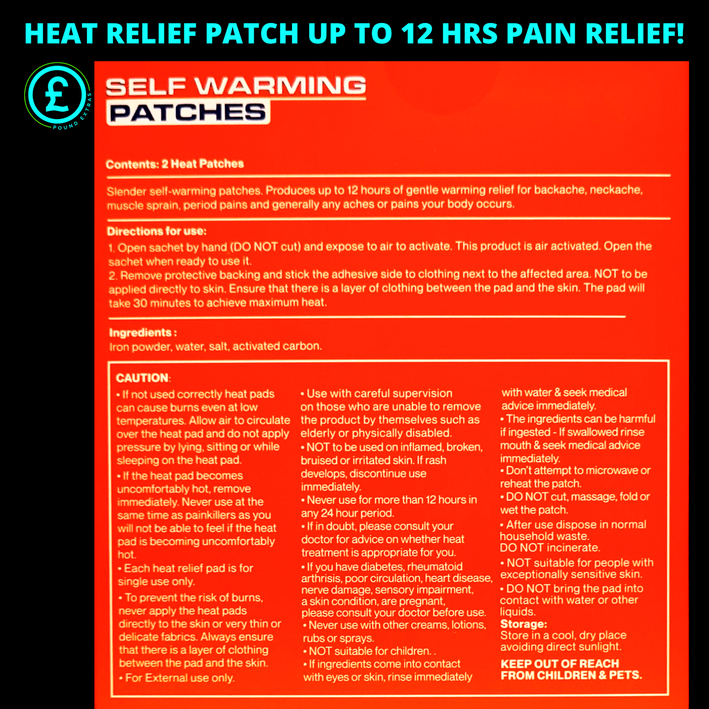 Heat Relief Patches for Pain Relief 2 x Large Backache, Joint Aches, Cramps 12 H12