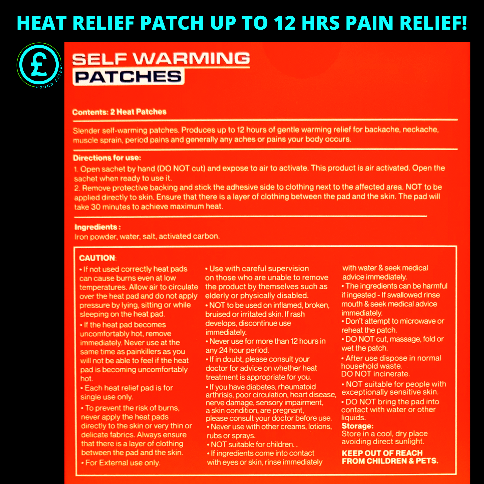 Heat Relief Patches for Pain Relief 2 x Large Backache, Joint Aches, Cramps 12 H12