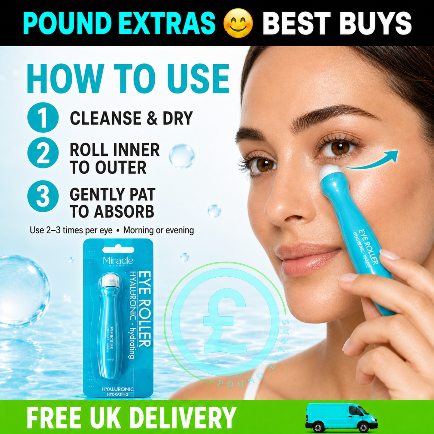 Hyaluronic Eye Roller 15ml Hydrating Cooling Under Eye Miracle Beauty