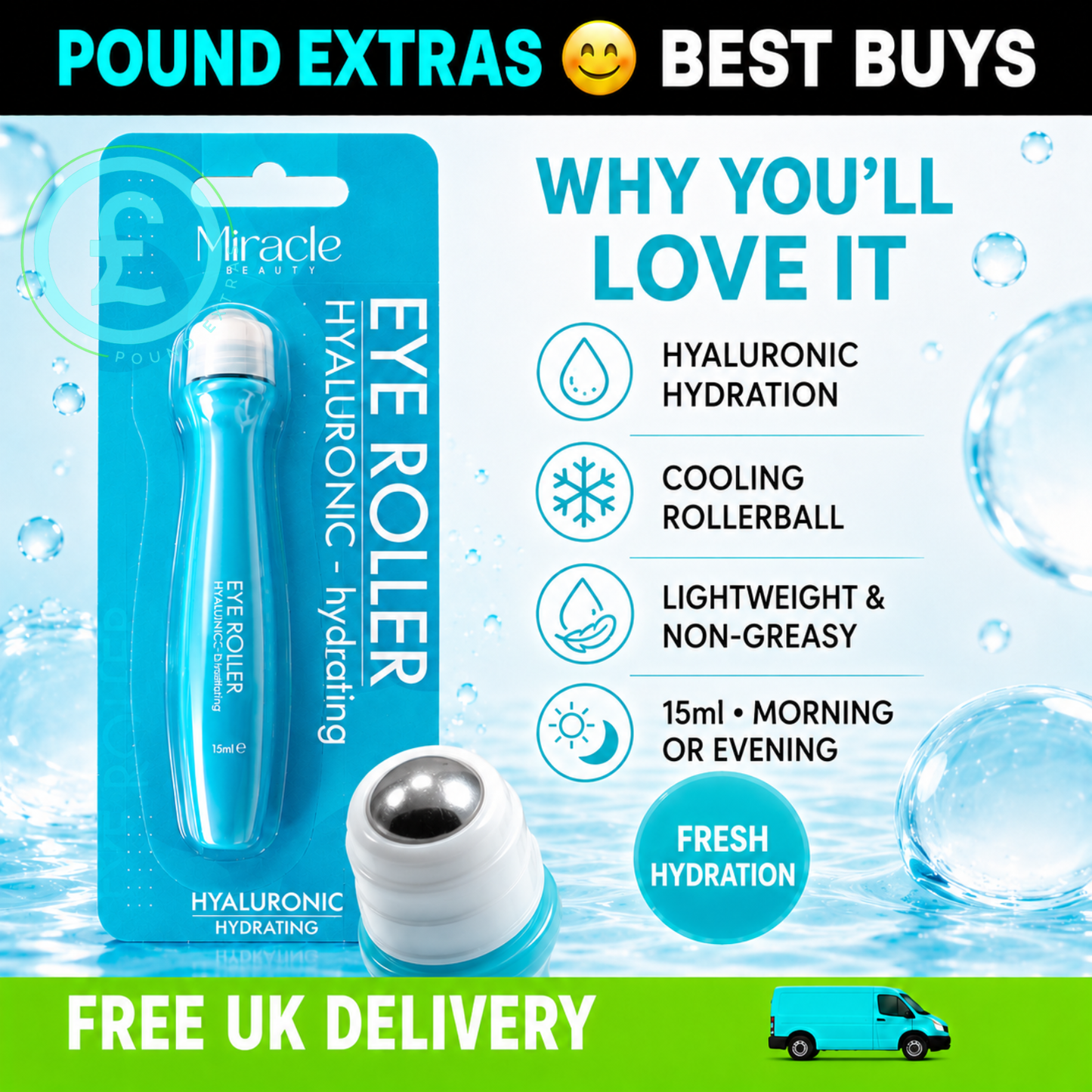 Hyaluronic Eye Roller 15ml Hydrating Cooling Under Eye Miracle Beauty