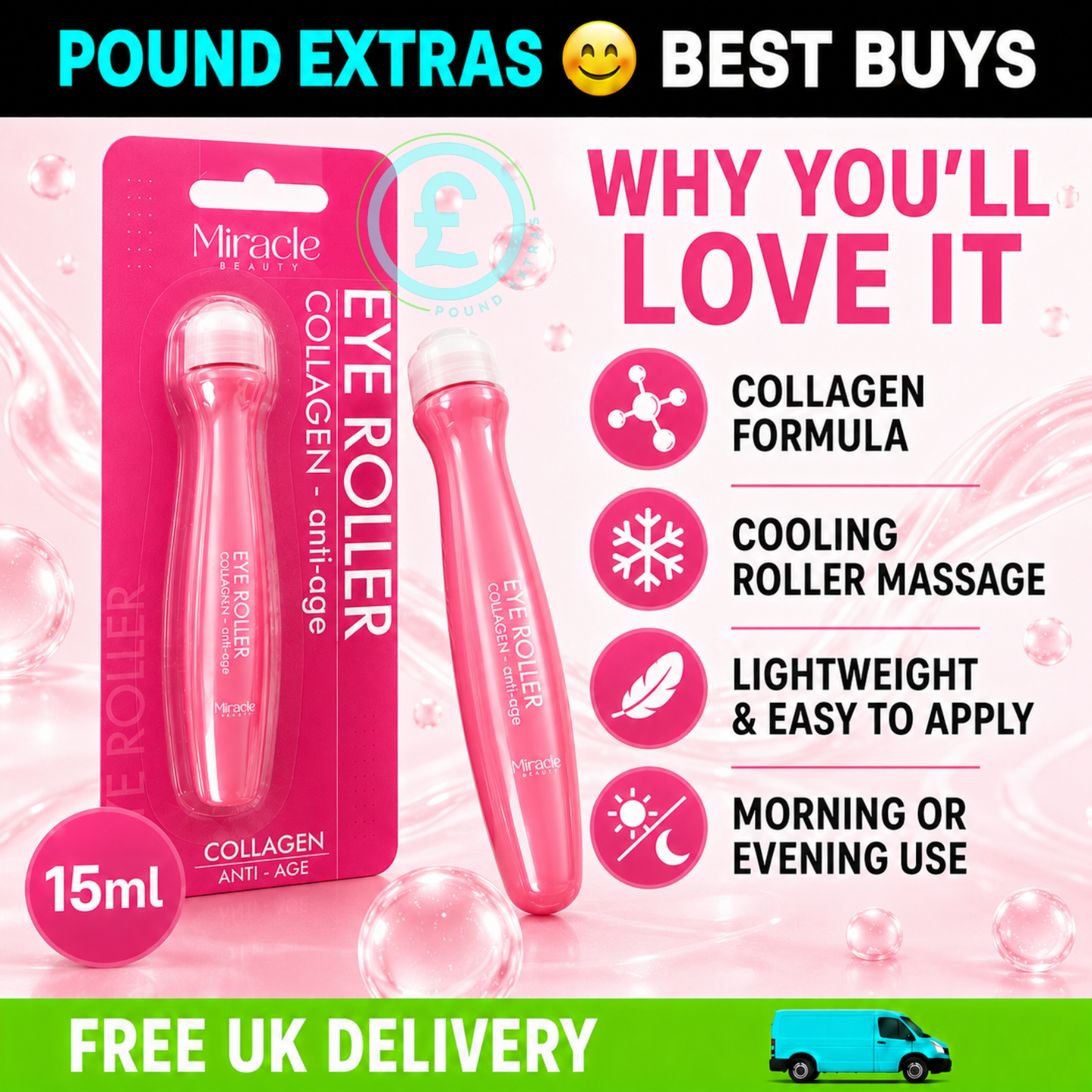 Collagen Eye Roller 15ml Anti-Age Cooling Under Eye Serum Miracle Beauty