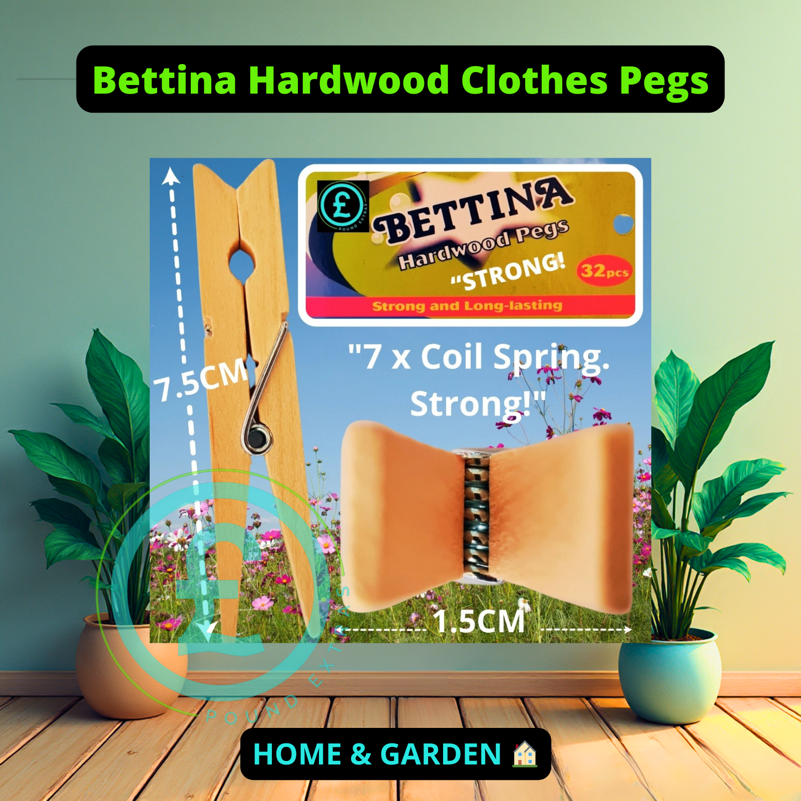 Bettina hardwood clothes pegs packaging with pegs displayed on a wooden floor.