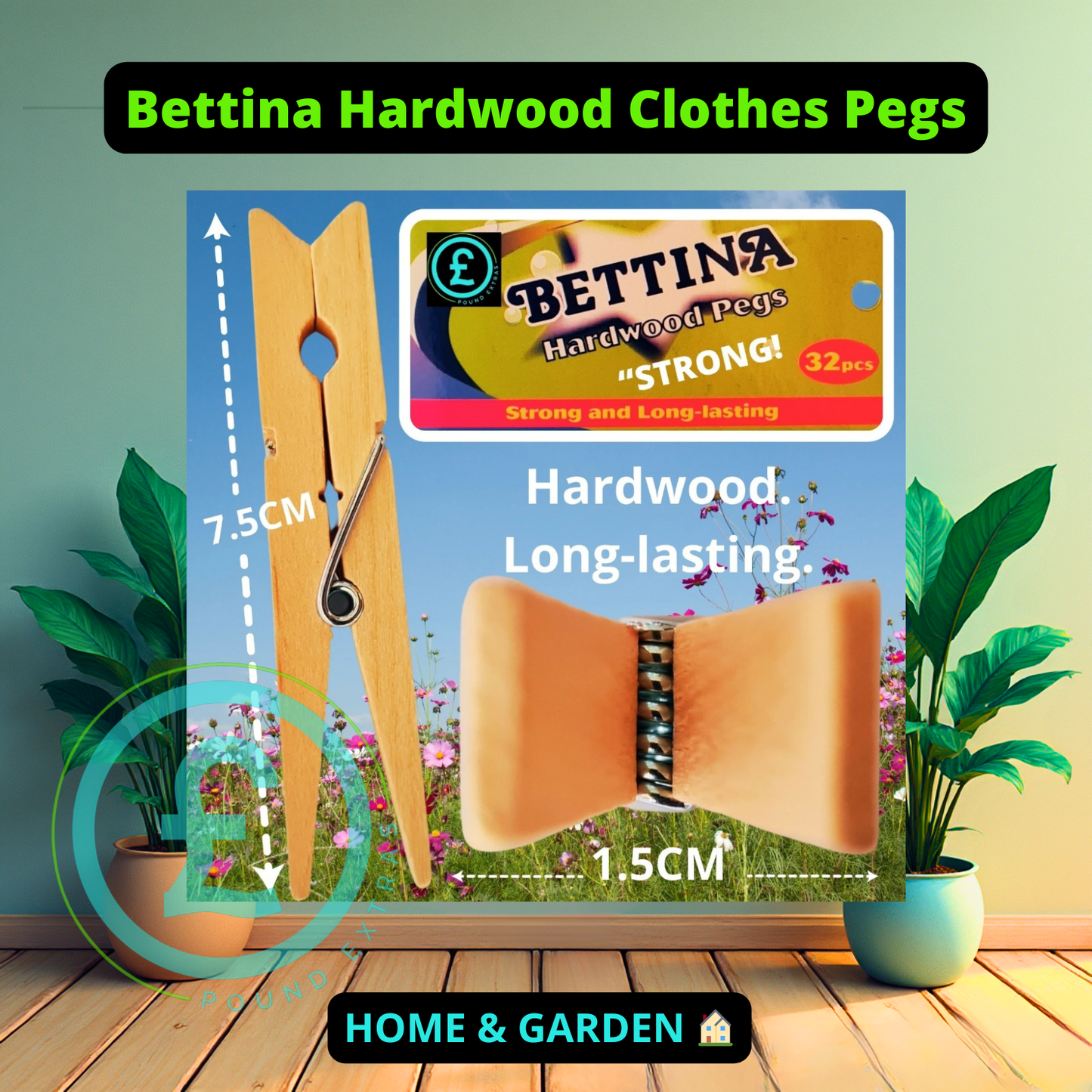 ❤️ POUND EXTRAS 😊 Bettina hardwood clothes pegs 🏠 32 pack strong high-tension grip with steel springs. Eco-friendly, durable & ideal for indoor or outdoor laundry.