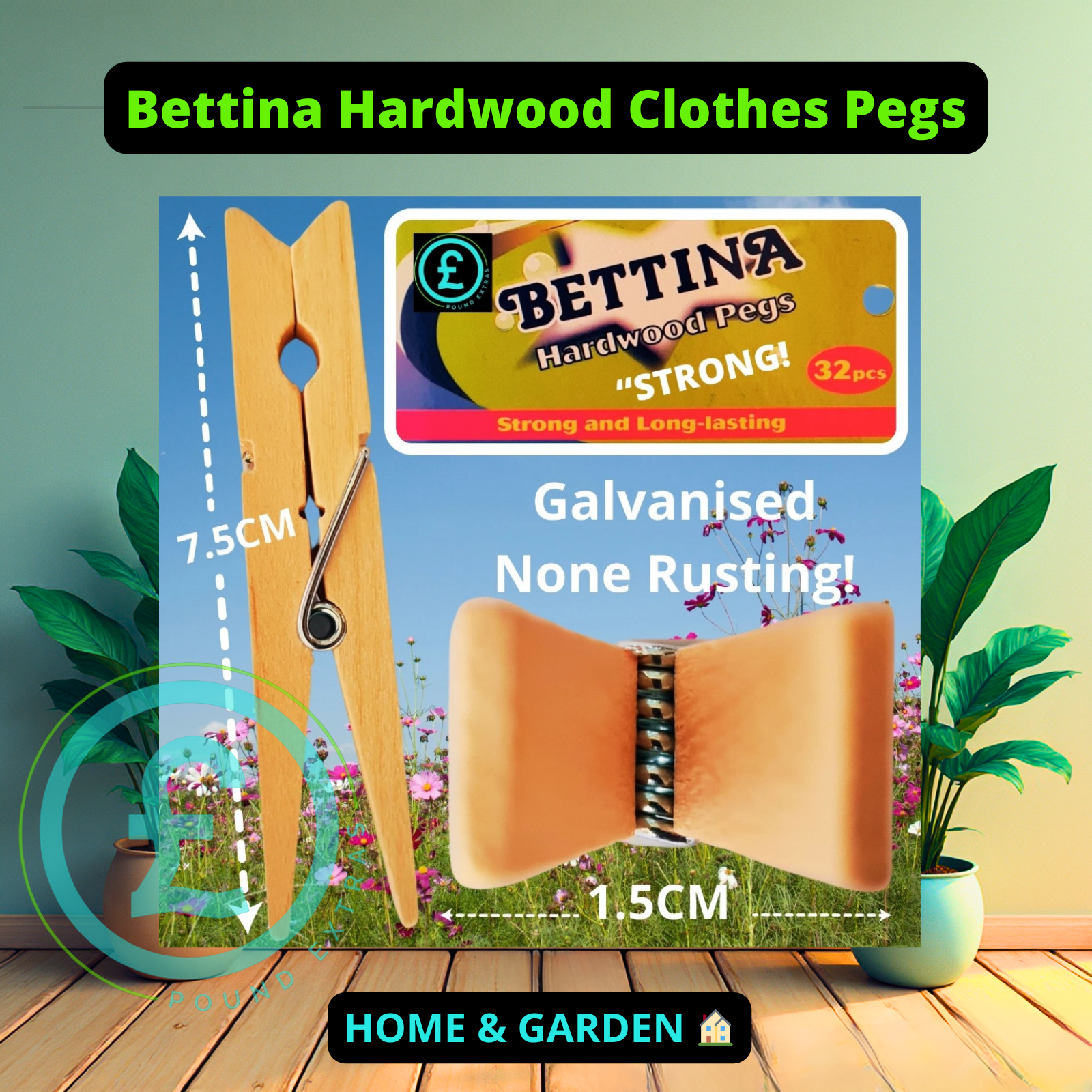 Bettina Hardwood Clothes Pegs packaging with pegs and branding on a wooden surface.