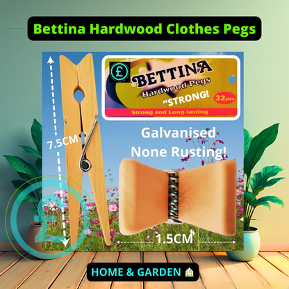 Bettina Hardwood Clothes Pegs packaging with pegs and branding on a wooden surface.