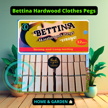 ❤️ POUND EXTRAS 😊 Bettina hardwood clothes pegs 🏠 32 pack strong high-tension grip with steel springs. Eco-friendly, durable & ideal for indoor or outdoor laundry.