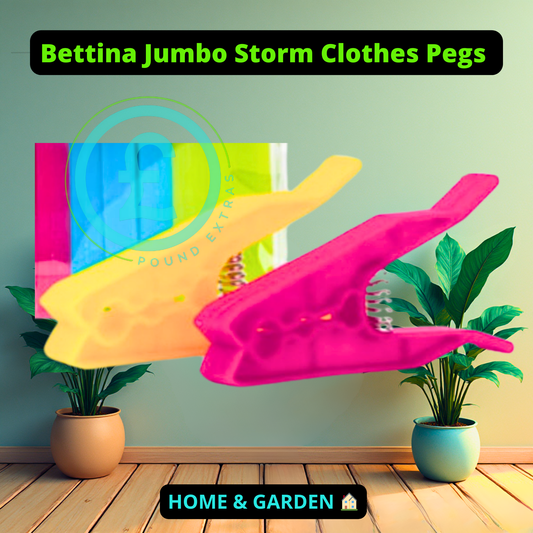 Colorful clothes pegs with a painting and plants in the background, labeled 'Bettina Jumbo Storm Clothes Pegs'.