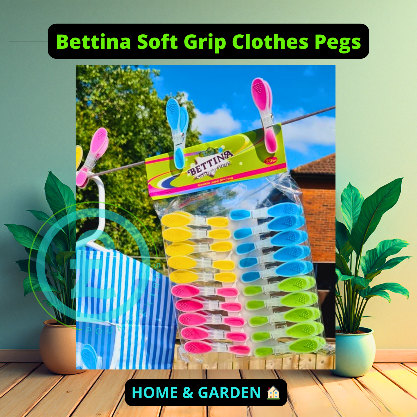 Packaging of Betina soft grip clothes pegs with pegs on a line against a garden background.