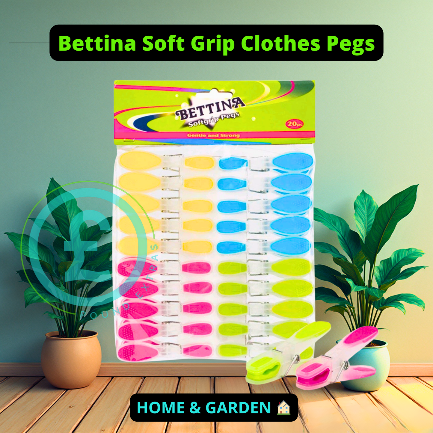 Packaging of Bettina Soft Grip Clothes Pegs with pegs displayed in front on a wooden floor.