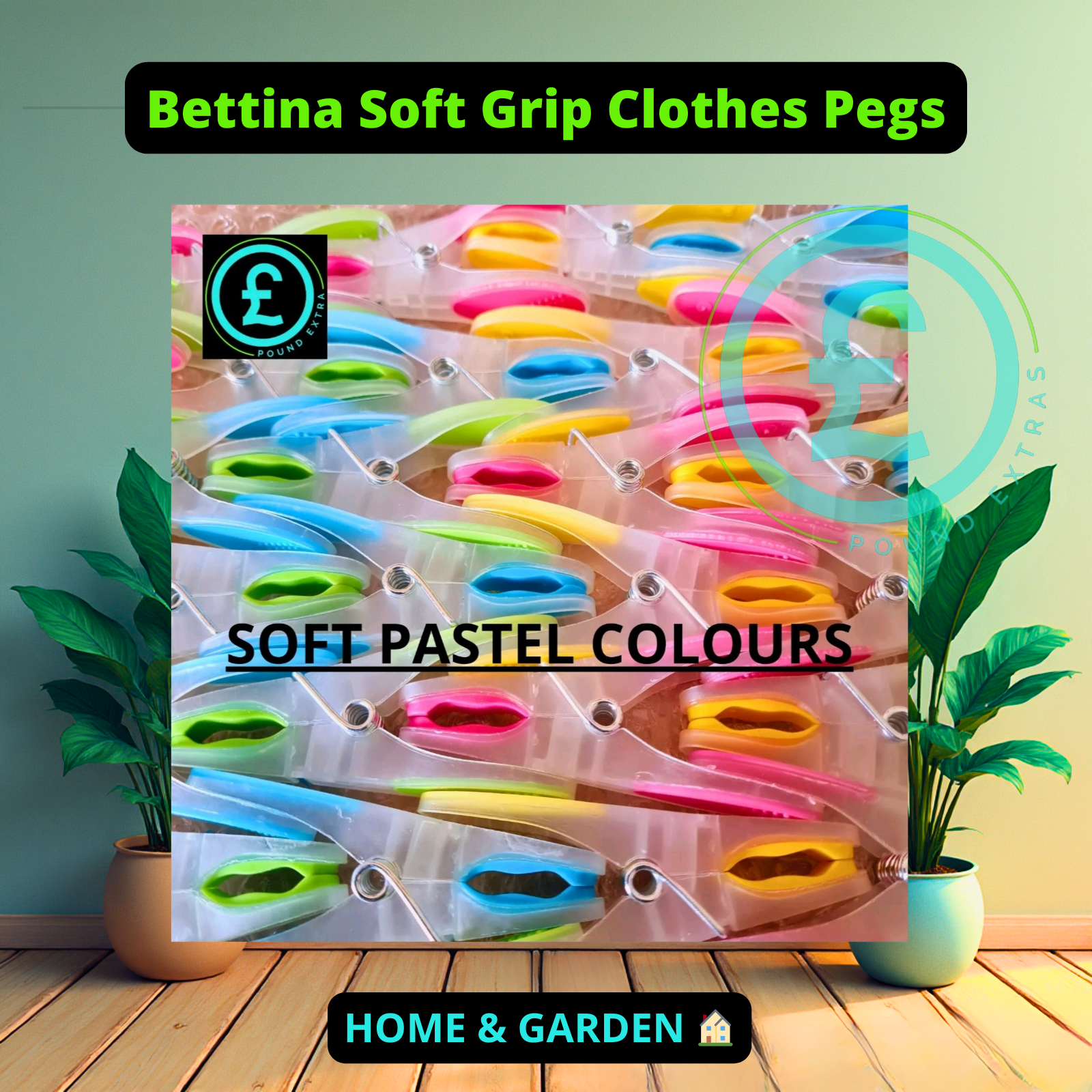 Pack of Bettina Soft Grip Clothes Pegs in soft pastel colors with a brand logo on a wooden floor.