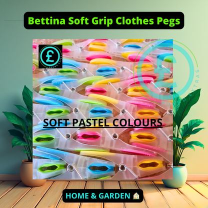 Pack of Bettina Soft Grip Clothes Pegs in soft pastel colors with a brand logo on a wooden floor.