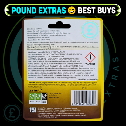 Car Pride vanilla and cocoa car vent air freshener back of packet product information