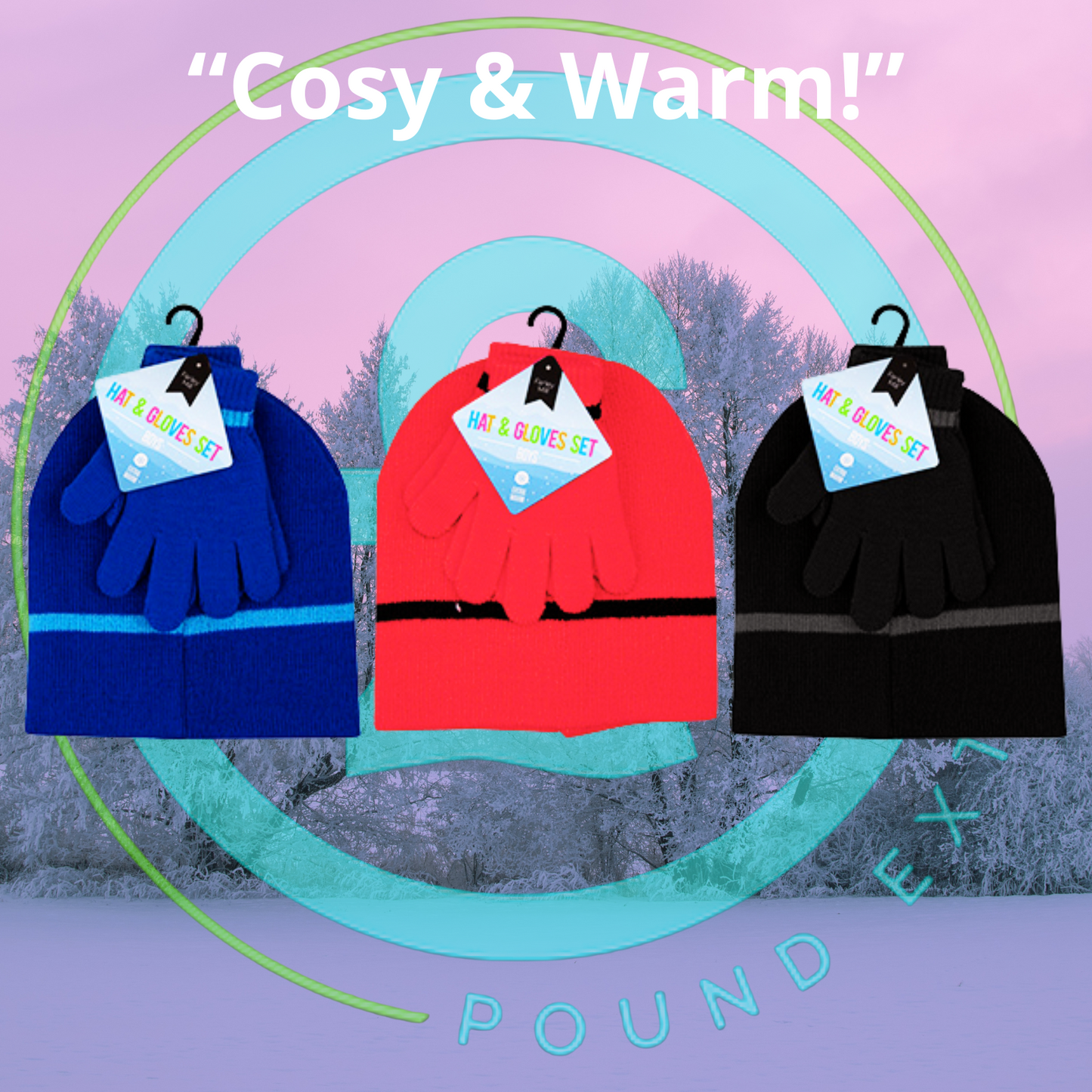 Three pairs of gloves in blue, red, and black with a winter scene background and 'Poundex' branding.