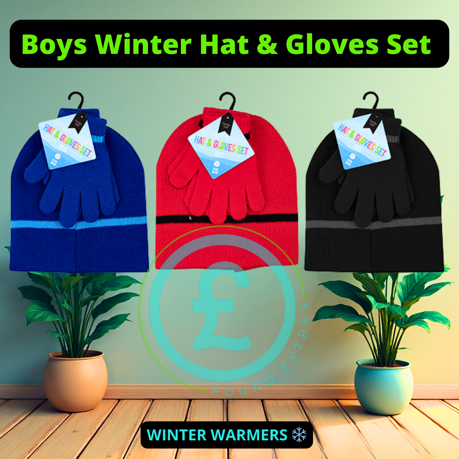 Three boys' winter hat and glove sets on hangers with a green wall background. poundextras.com