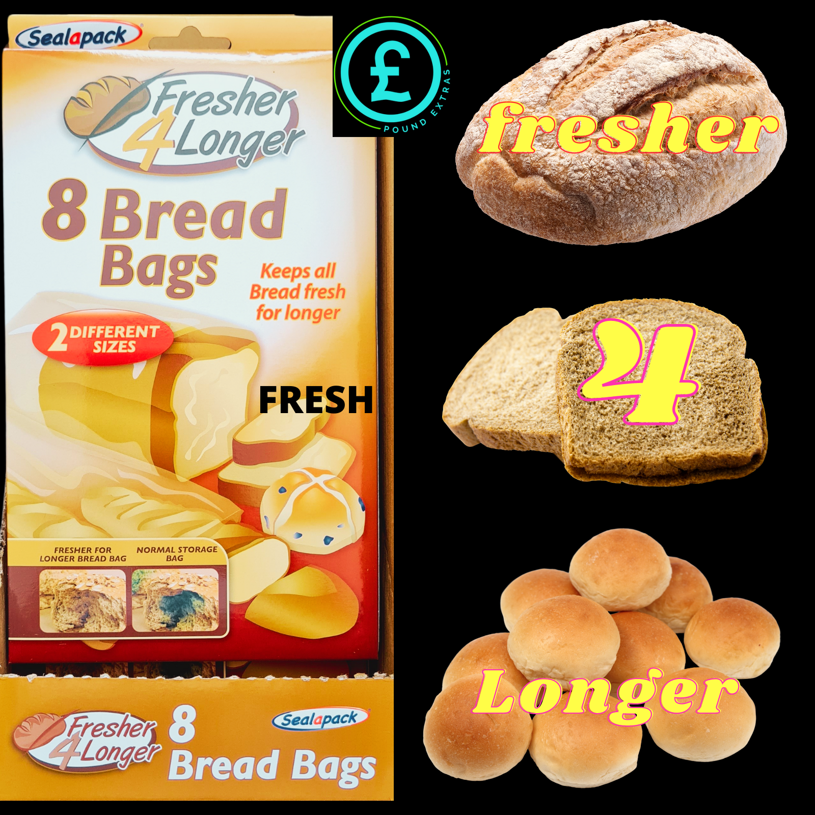 Packaging of Sealapack bread bags with bread slices and loaves on a black background.