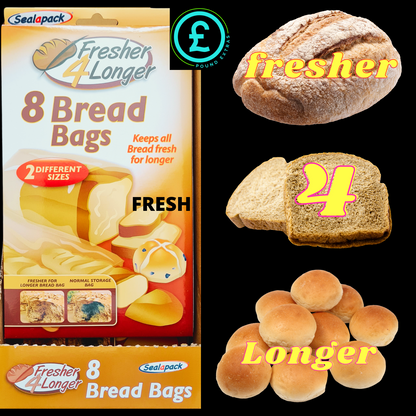 Packaging of Sealapack bread bags with bread slices and loaves on a black background.