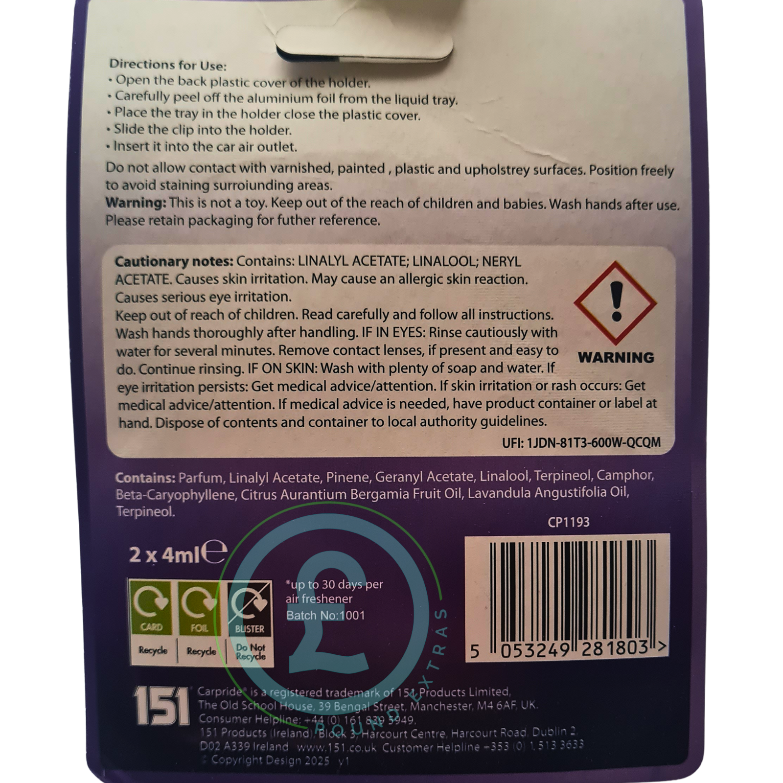 Car Pride lavender car vent air freshener back of packet product information