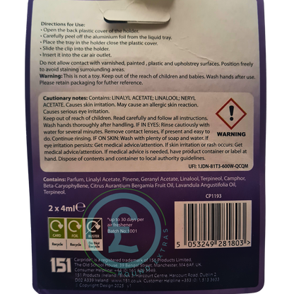 Car Pride lavender car vent air freshener back of packet product information